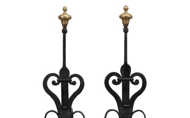 PAIR OF 19TH C. SCROLLED IRON AND BRASS ANDIRONS