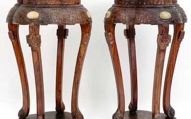 PAIR OF ANTIQUE CHINESE STANDS WITH INSET JADE