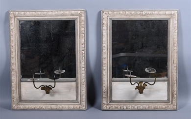 PAIR OF NEOCLASSICAL STYLE GREY PAINTED MIRRORED SCONCES