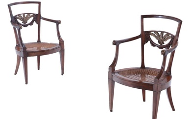 PAIR WALNUT DIRECTOIRE CARVED AND GILT OPEN ARM CHAIRS WITH...