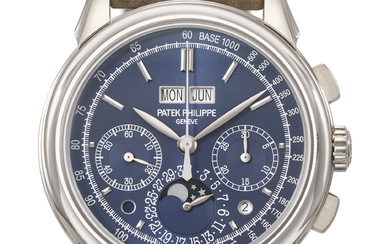 PATEK PHILIPPE. AN EXTREMELY ATTRACTIVE 18K WHITE GOLD PERPETUAL CALENDAR...