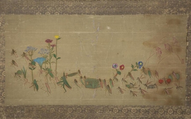 PEINTURE HORIZONTAL l'encre et polychrome sur soie, représentant d'une sucession cérémonielle des criquets traversant des fleur...