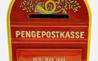 דגם תיבת דואר PENGEPOSTKASSE, תוצרת דנמרק, פח צבוע ומפתח מקורי קיים, שמורה היטב, וינטאג', 1960, 12X7X4.5 ס"מ