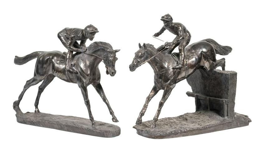 PR SILVER COATED HORSE RACING SCULPTURES BY CAMELOT