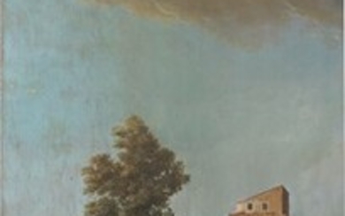 Paesaggio roccioso con torre e figure, Scuola francese del XVIII secolo