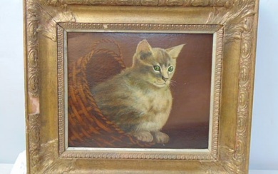 Painting, cat in basket, unsigned, oil on board, painting is 8.75" by 11 1/8"