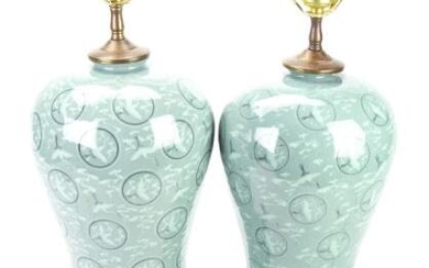 Pair Antique Asian Porcelain Lamps w Crane Motif