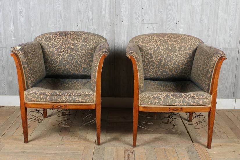 Pair Deco Style Inlay Upholstered Armchairs