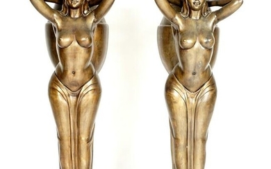 Pair Life Size Bronze Maidens Carrying Baskets