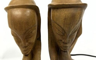 Pair Vintage Modern Figural Wood Table Lamps. Hagenaue