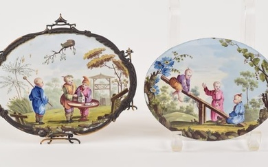 Pair of 18th century Chinoiserie decorated domed copper enamel plaques with 3 Chinese boys at play.