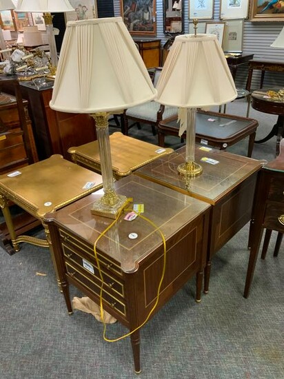 Pair of Empire style end tables wih 2 brass lamps
