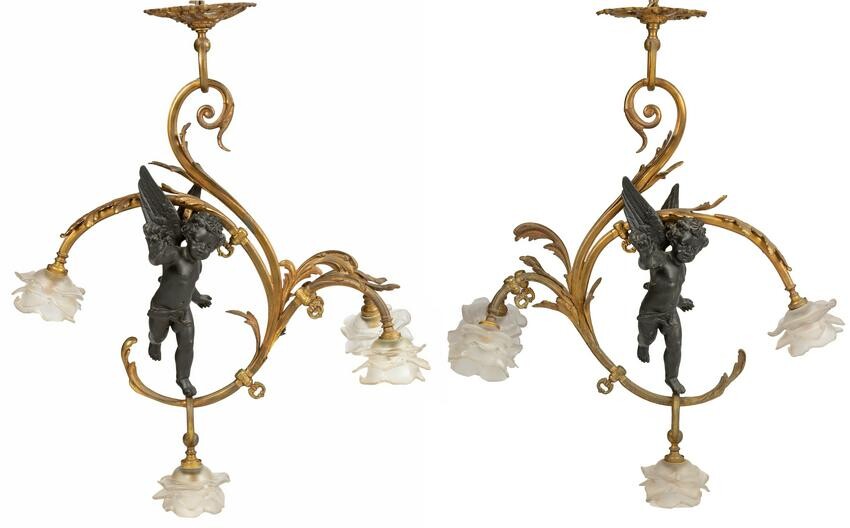 Pair of French Bronze & Parcel Gilt 4 Light Hanging