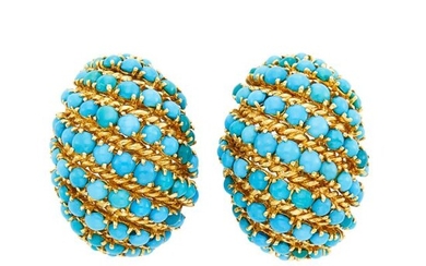 Pair of Gold and Turquoise Bombé Earclips, France