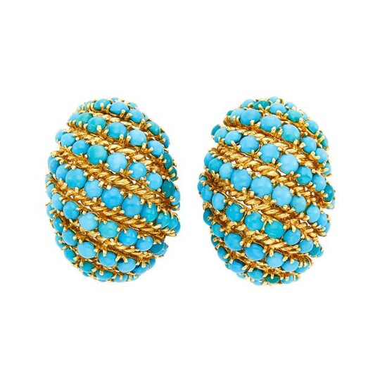 Pair of Gold and Turquoise Bombé Earclips, France