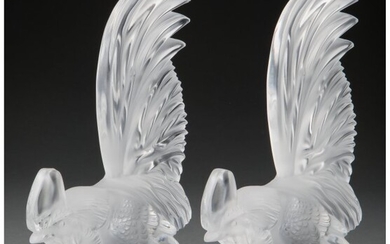 Pair of Lalique Clear and Frosted Glass Coq Nain