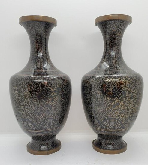 Pair of Mid Century Enamel Copper Vases