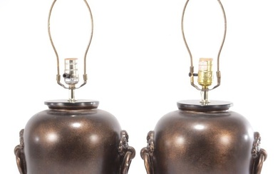 Pair of S&M Chinese Bronze Glazed Ceramic Lamps