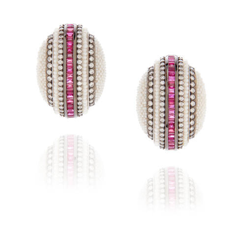 Pair of Seed Pearl, Ruby and Diamond Ear Clips