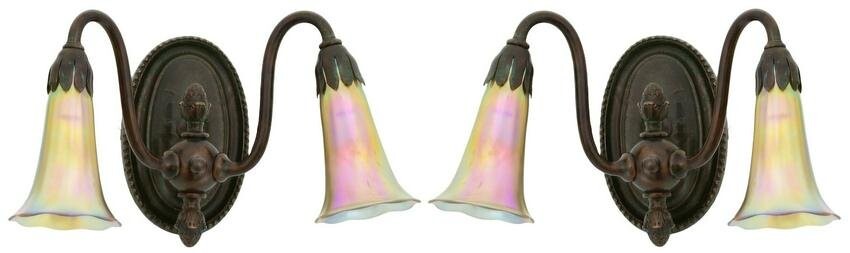 Pair of Tiffany Studios Two-Light Sconces with Art