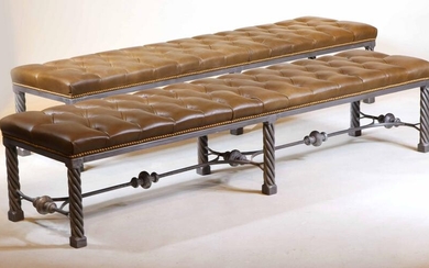 Pair of White Metal and Brown Leather Benches