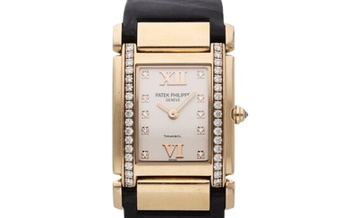 Patek Philippe Reference 4920R-010 Twenty-4 | Retailed by Tiffany & Co.: A pink gold and diamond-set rectangular wristwatch, Circa 2018