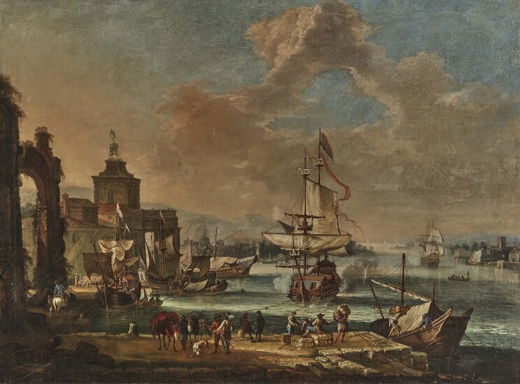 Pays-Bas (Abraham Storck, 1644 Amsterdam - 1708 ibid., périphérie ?)Dos du 17e s. "Port italien"....