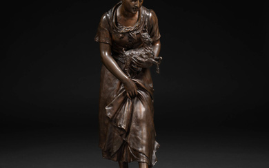 "Peasant girl with little lamb" 19th century bronze sculpture.
