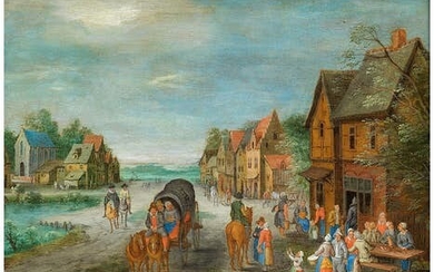 Peeter Gysels, 1621 Antwerpen – 1690/91 ebenda, zug., BREITE DORFSTRAßE, GESÄUMT VON GIEBELHÄUSERN MIT VERSAMMLUNG VOR EINEM WIRTSHAUS UND EINEM PLANWAGEN