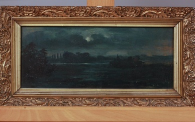 Peinture de paysage, huile sur panneau d'aggloméré, paysage aquatique bleu, petit format horizontal, 12 cm...