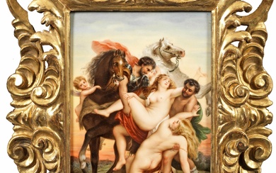 Peinture sur porcelaine "Enlèvement des filles de Leukippos" d'après Rubens Panneau rectangulaire représentant mythologiquement l'enlèvement...