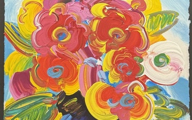 Peter Max Signed Original Vase of Flowers Oil on Paper Painting 2008 Framed