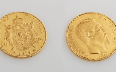Pièce en or de cinquante francs Napoléon III non lauré 1859. Diam. : 3 cm....