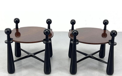 Pr Jean Royere inspired Ebonized Legs Side Tables. Polished Wood Tops
