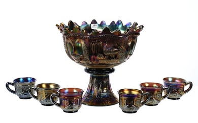 Punch Set, Carnival Glass, Peacock At Fountain