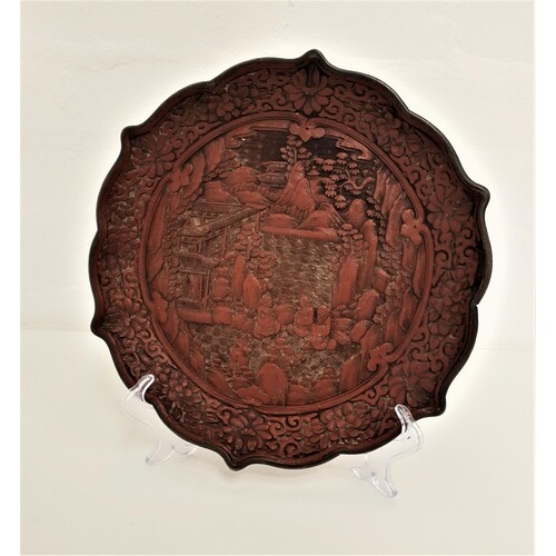 QUING DYNASTY CINNABAR LACQUERED QUADRAFOIL DISH carved in r...
