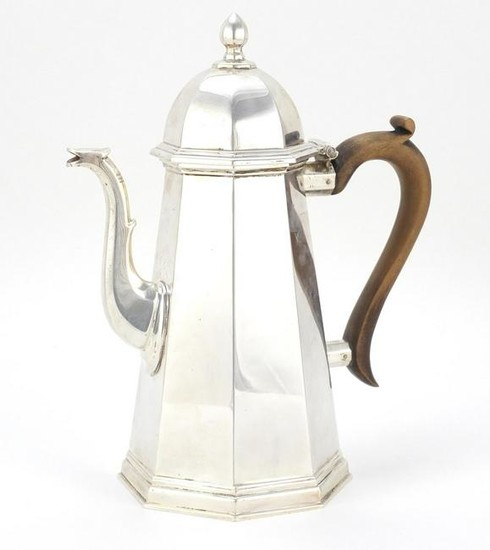Queen Anne style silver coffee pot with octagonal body
