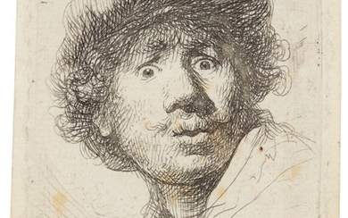 REMBRANDT HARMENSZ. VAN RIJN | SELF-PORTRAIT IN A CAP, WIDE-EYED AND OPEN-MOUTHED (B., HOLL. 320; NEW HOLL. 69; H. 32)