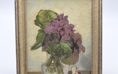 ROBERT SCHRAUDOLPH (1887- 1987). STILL LIFE WITH FLOWER BOUQUET AND FIGURE, ACRYLIC WITH CRACKLING ON CARDBOARD, AROUND 1950, SIGNED.