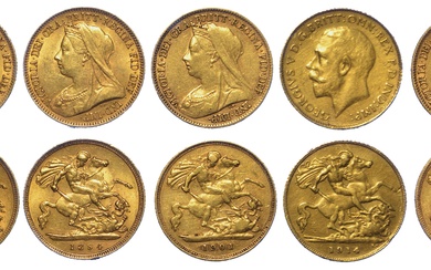 ROYAUME-UNI. Lot de cinq pièces. VICTORIA, 1837-1901. Demi-souverain 1893-1894-1897- 1901. Or. Conservée MB à BB...