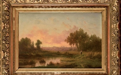 R.T. STUART (XIXème siècle) Paysage au crépuscule Huile...