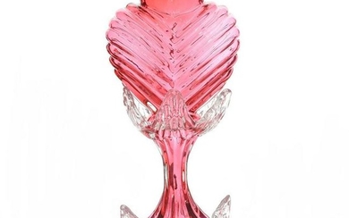 RUBY GLASS VASE WITH CLEAR LEAF ACCENTS