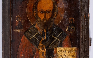 RUSSIAN, 19TH CENTURY, ICON OF ST. NICHOLAS, Egg tempera and gesso on wood panel, 18 1/4 x 14 1/4 in. (46.4 x 36.2 cm.)