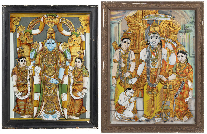 Rama et Shani, 2 techniques mixtes sous verre, Inde, Tanjore, 59x44 cm et 59,5x44,5 cm (peintures)