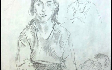 Raphael Soyer: Study of Mother and Sleeping Child, Pencil Drawing Signed in pencil lower right