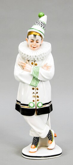 Rare Pierrot, Ens, Volkstedt, Thuringia, KVE mark, around 1900. Model no. 4146, designed and signed by Anton Büschelberger. With crossed arms and legs, casual, smiling harlequin. polychrome and gold painted, H. 34 cm