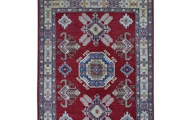 Red, Afghan Special Kazak with Geometric Design, Hand Knotted Wool Rug