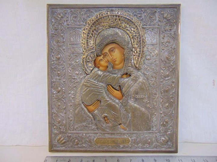 Religious Icon, virgin Mary & child, metal over paint