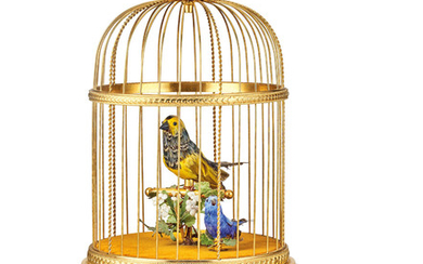 Reuge Music. A Charming Gilt Metal Double Singing Bird Cage Automaton with Timepiece and Alarm