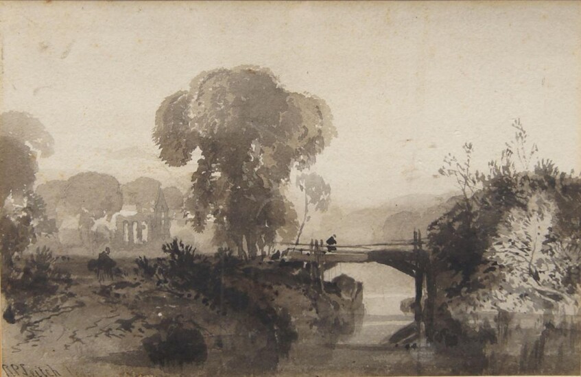 Richard Principal Leitch, British 1827-1882- Landscape with bridge; Ink wash on paper, signed, 14.5 x 23 cm